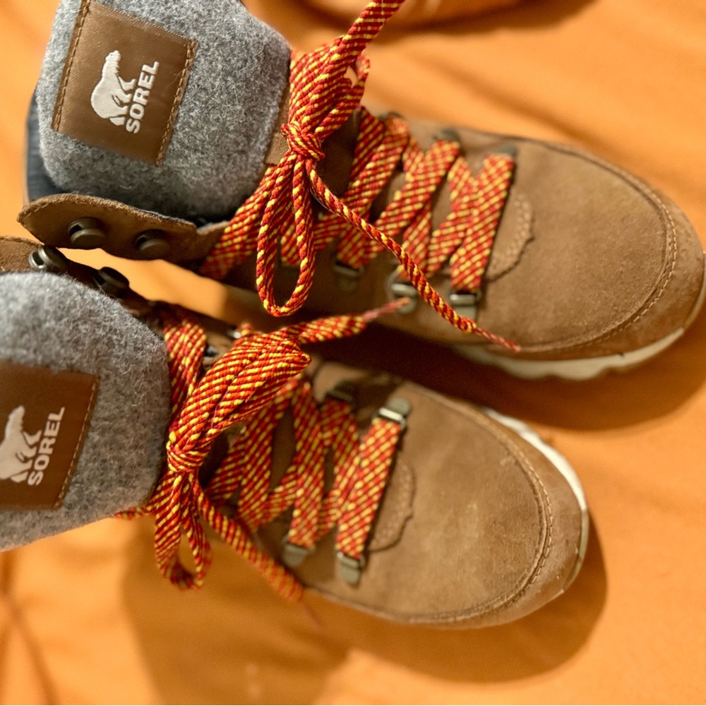 Sorel Tan Boots with Red and Yellow Laces